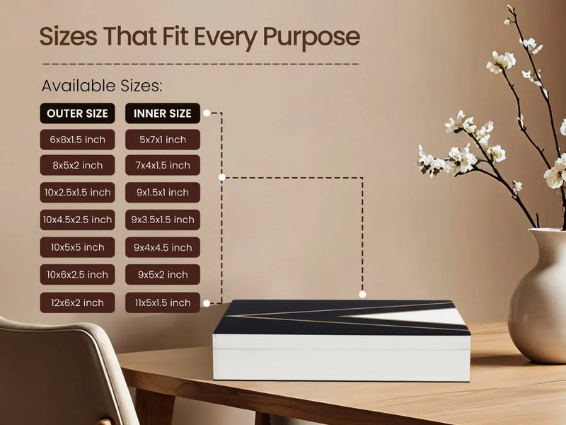 Size Chart for Kept Dapper Black White Resin Inlay & Brass  Storage Box, 7 Sizes