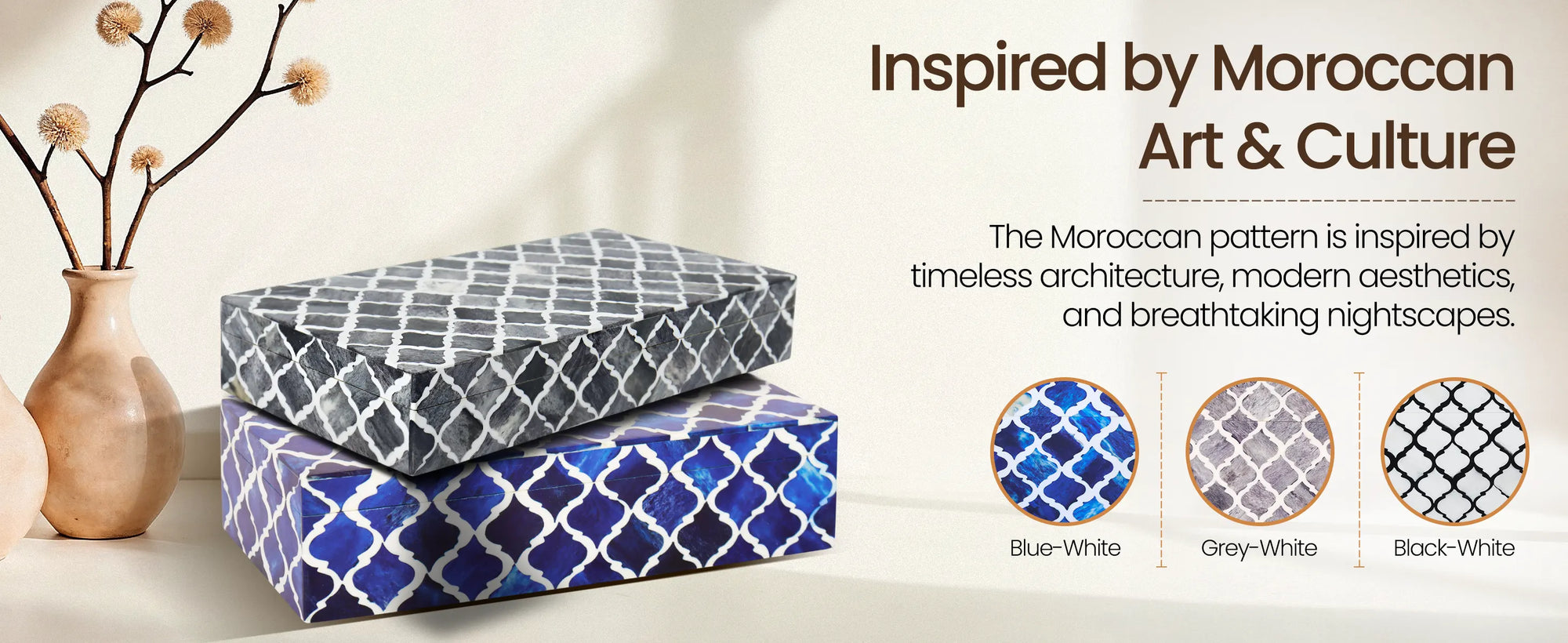 Moroccan Pattern Decorative Storage Box, Bone & Resin Inlay in 7 Sizes, Blue & White
