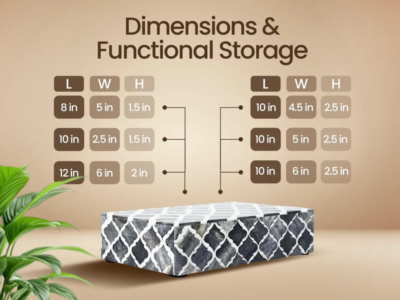 Size Chart for Moroccan Pattern Decorative Storage Box, Bone & Resin Inlay in 9 Sizes, Black & White