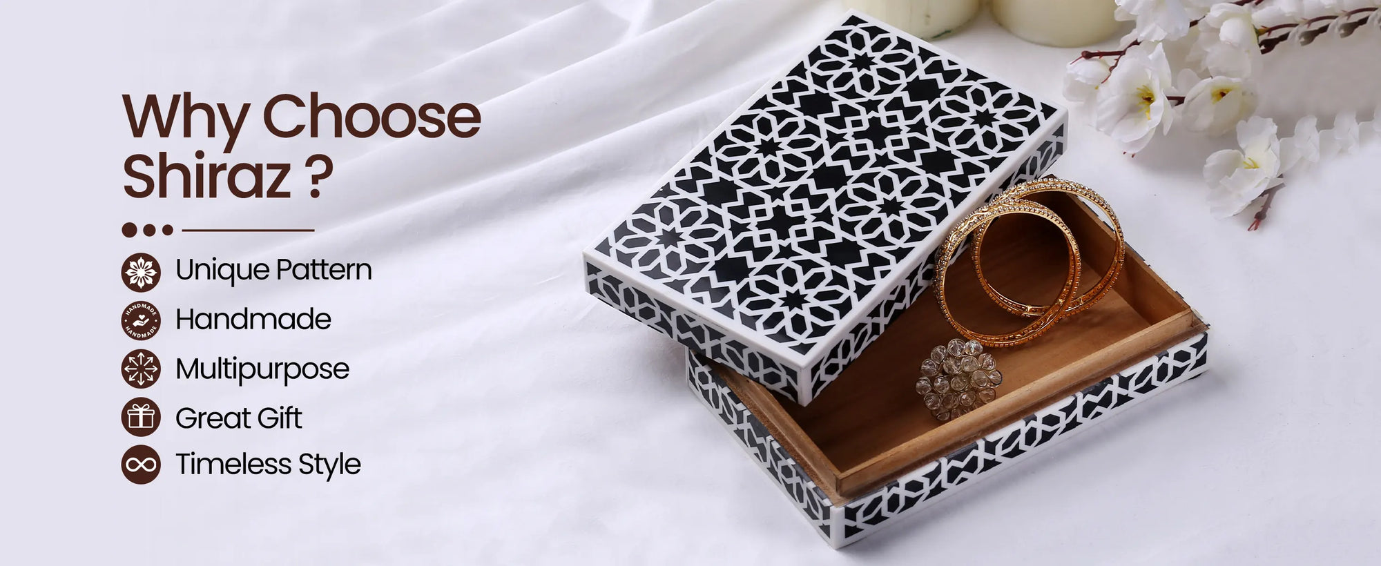 Shiraz Pattern Decorative Storage Box, Resin Inlay in 7 Sizes, Black & White