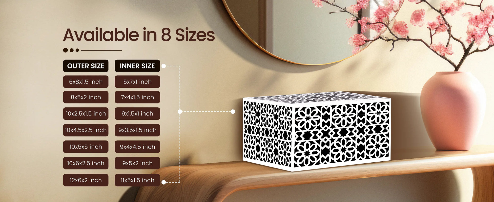 Shiraz Pattern Decorative Storage Box, Resin Inlay in 7 Sizes, Black & White