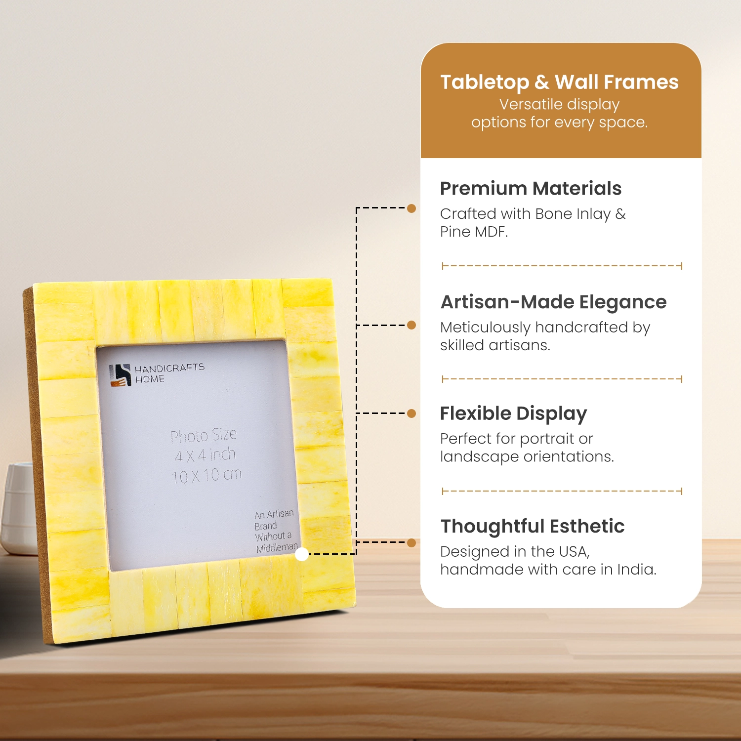 Square Baby Picture Frame Classic Pattern Bone Inlay – Yellow,4x4