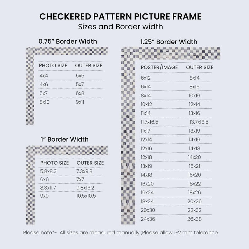 Size Chart for Picture Frames Checkered Pattern Bone Inlay Collection in 27 Sizes