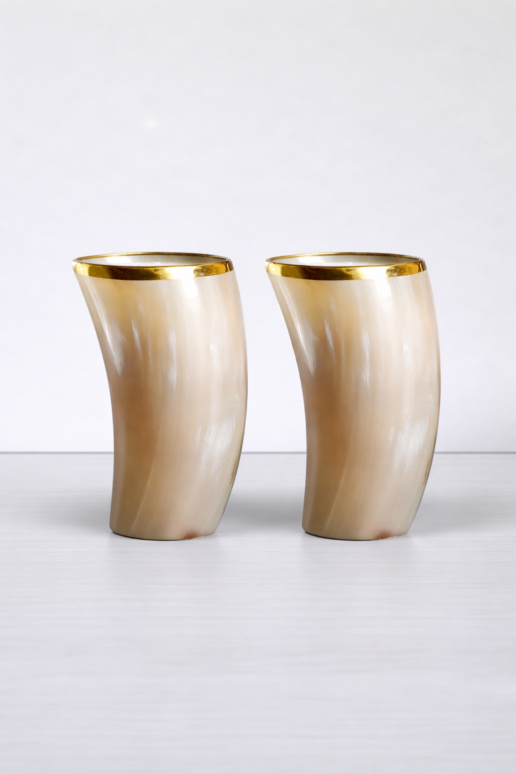 Horn Glasses 10 oz Natural Horn Drinkware with Brass Rim - Rustic Bar Glass, Set of 2