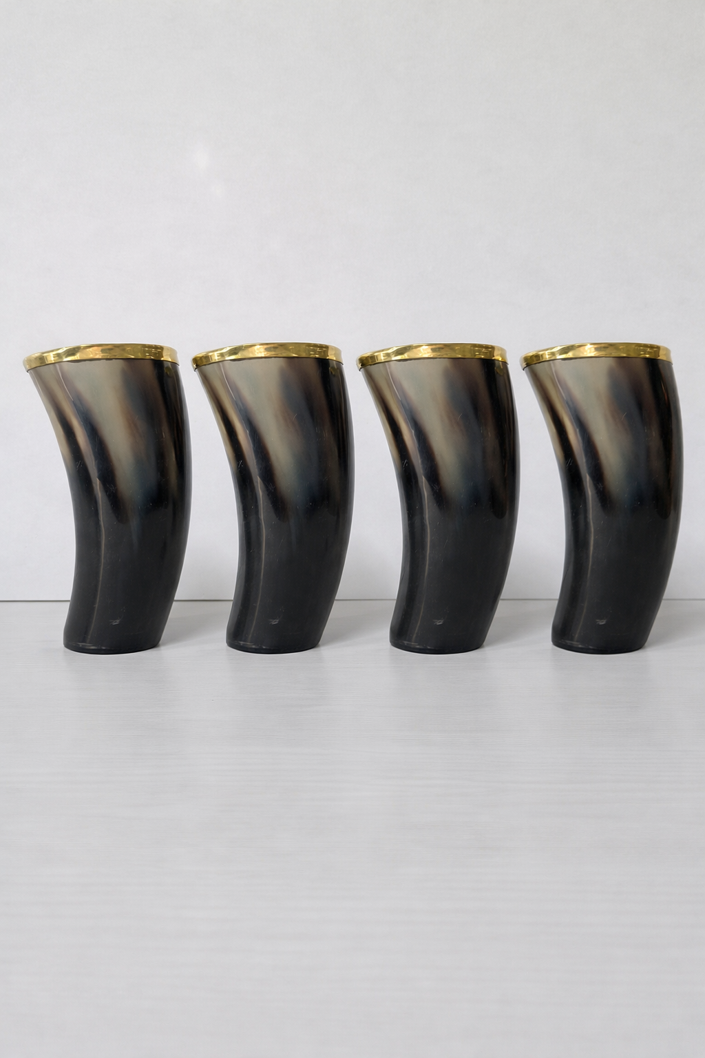 Horn Glass 10 oz Natural Horn Drinkware with Brass Rim - Rustic Bar Glass, Set of 4