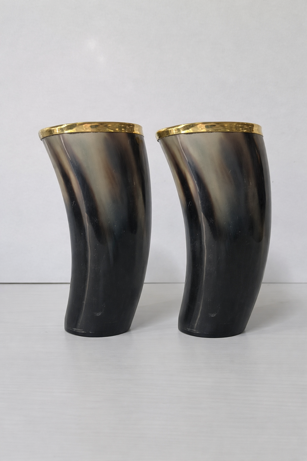 Horn Glasses 10 oz Natural Horn Drinkware with Brass Rim - Rustic Bar Glass, Set of 2