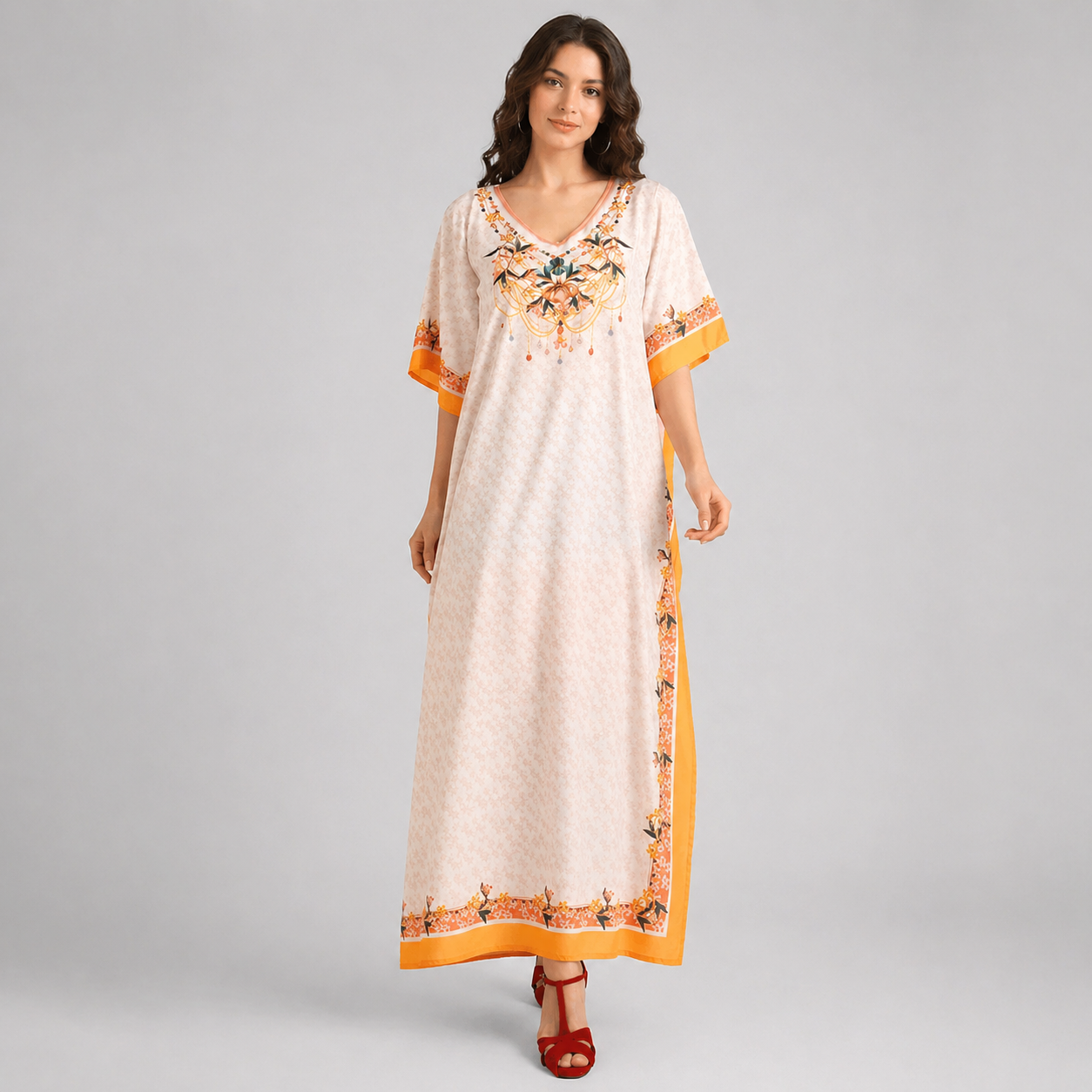 Ethnic Print Polyester Kaftan Dress with V Neck, Pockets & Side Slits