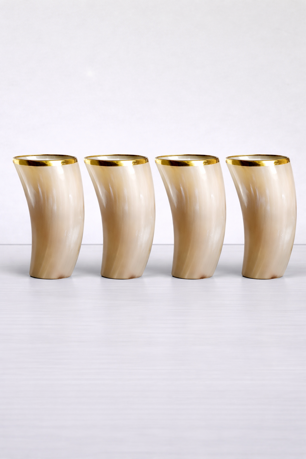 Horn Glass 10 oz Natural Horn Drinkware with Brass Rim - Rustic Bar Glass, Set of 4