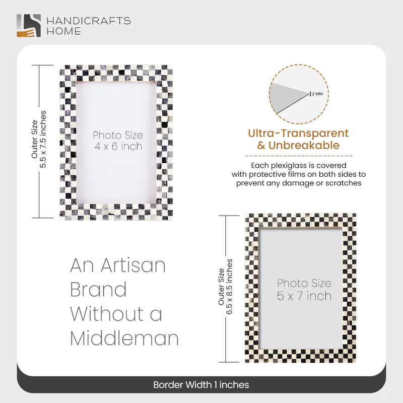 Size Chart for Checkered Bone Inlay Picture Frame, Grey & White