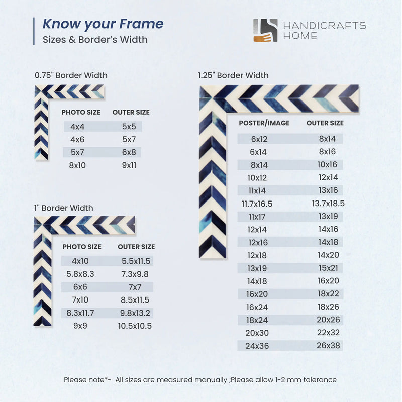 Size Chart for Picture Frames Chevron Pattern Bone Inlay Collection in 29 Sizes, Blue