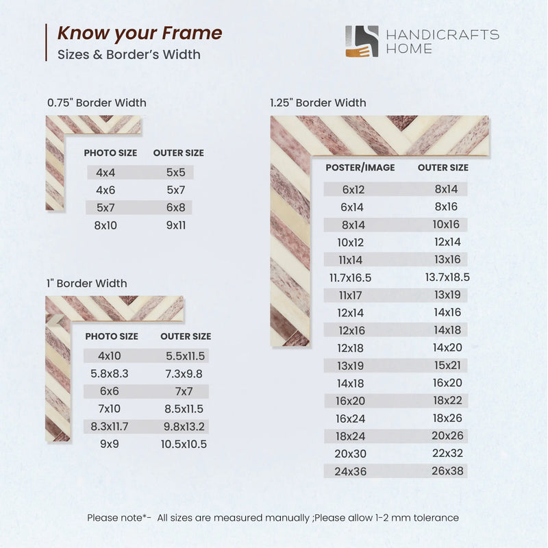 Size Chart for Picture Frames Chevron Pattern Bone Inlay Collection in 29 Sizes, Green