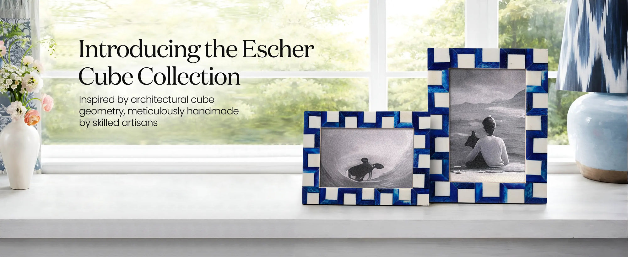 Picture Frames Esher Cube Bone Inlay Collection, Blue-White, 4x6, 5x7