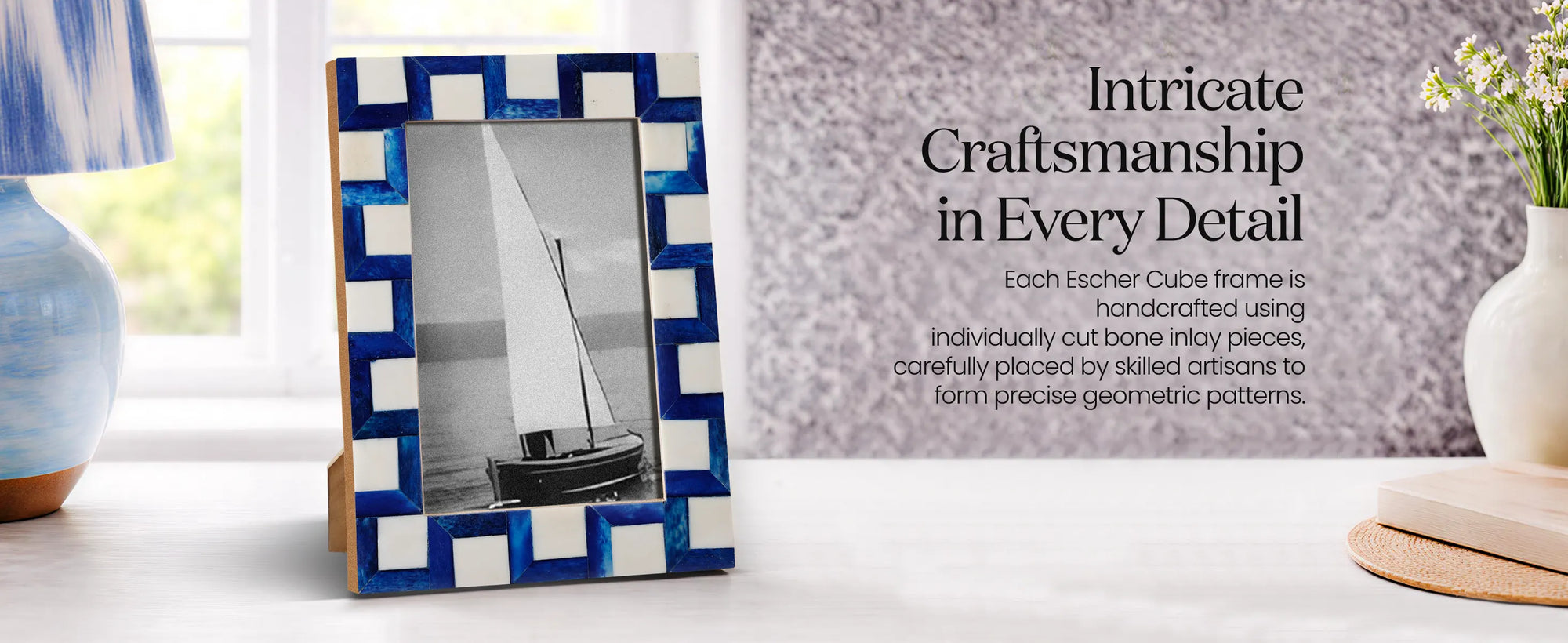 Picture Frames Esher Cube Bone Inlay Collection, Blue-White, 4x6, 5x7
