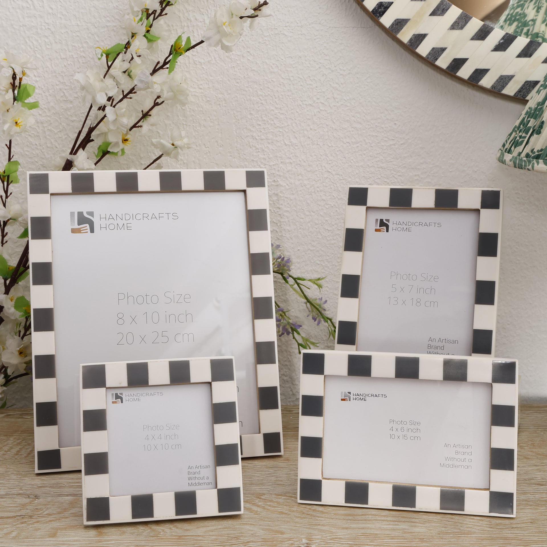 Grey White Checkered Resin Inlay Frame Set 4 Mixed Sizes