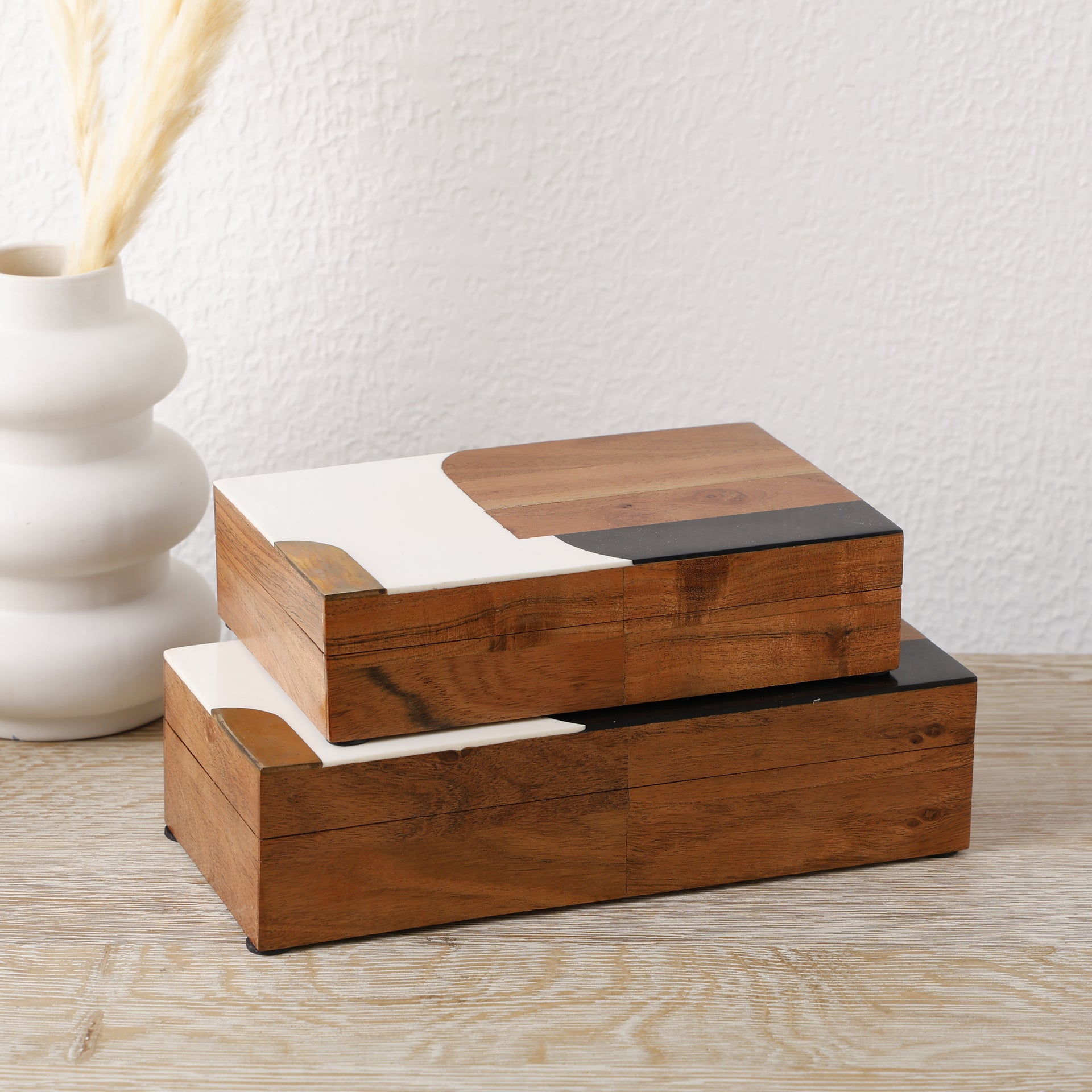 Abstract-Block Pattern Decorative Storage Box, Resin Inlay in 3 Sizes, Black-White