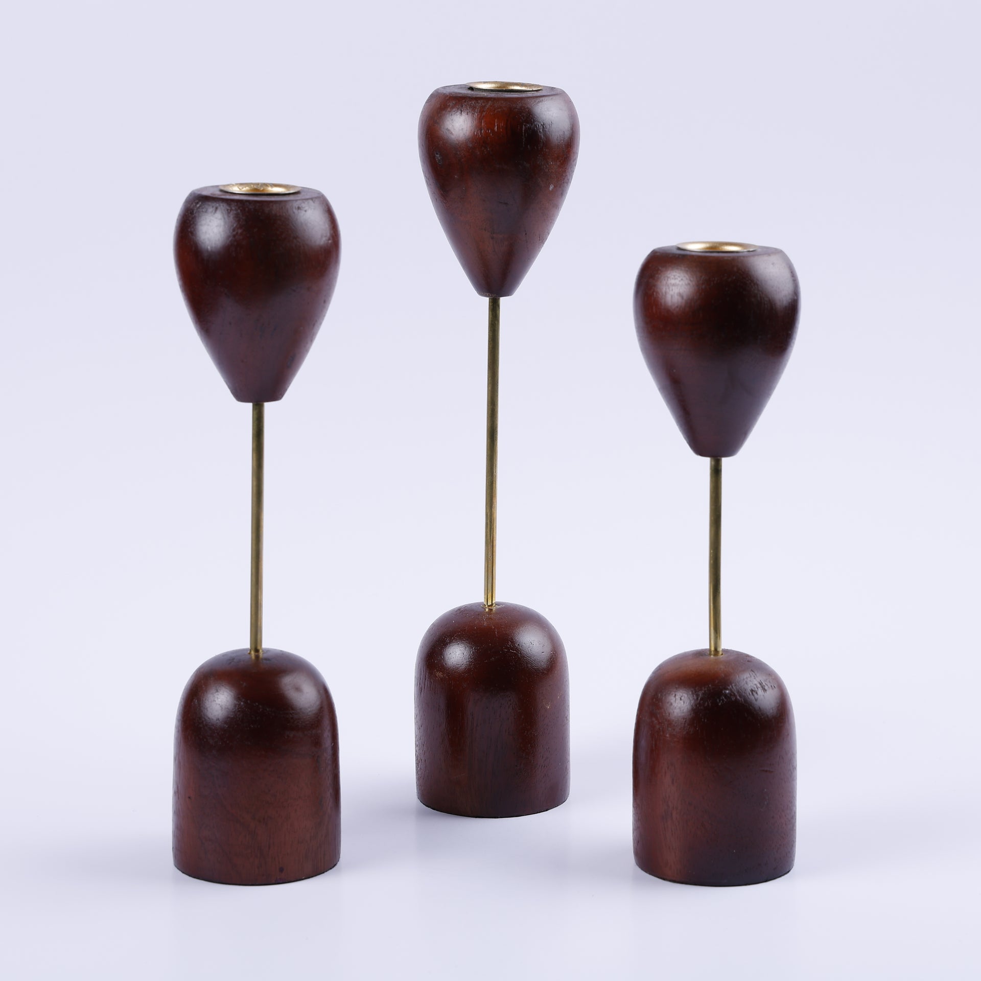 Wood & Metal Taper Candle Holder– Set of 3 Brown Stand