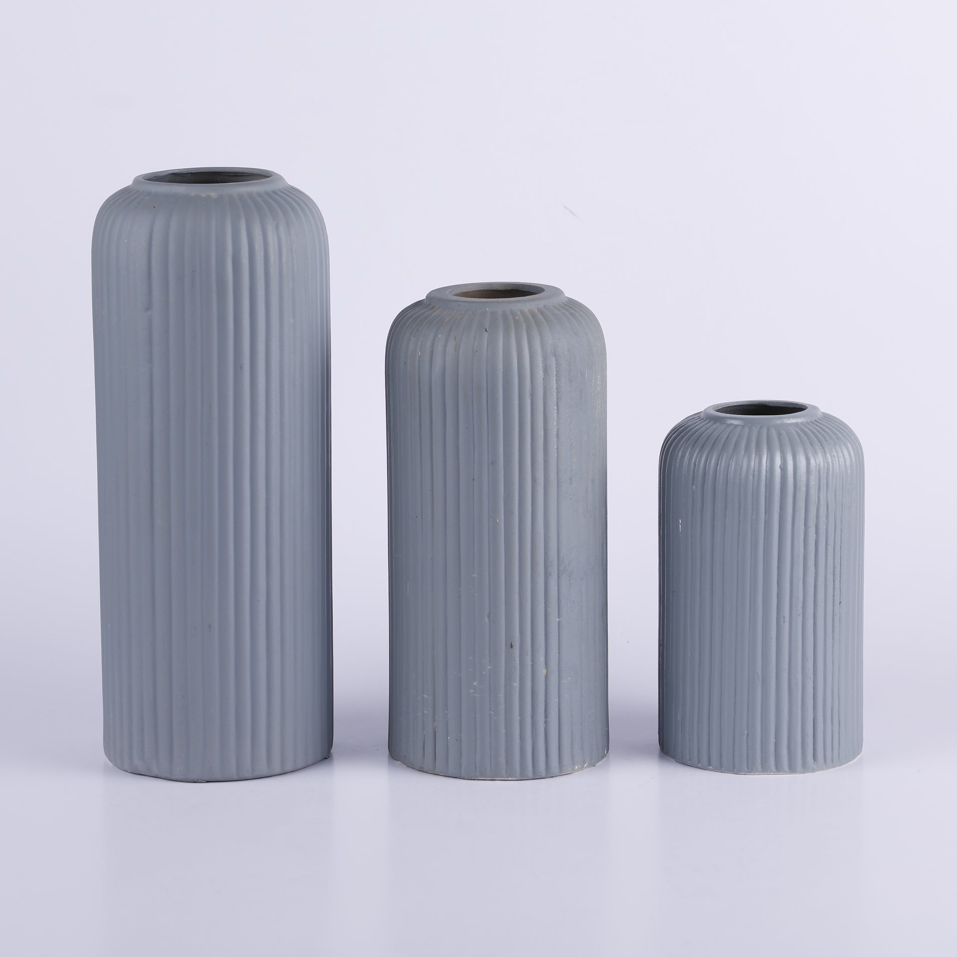 Ceramic Vase Set of 3 – Grey Stripped Pattern Decorative Flower Vases