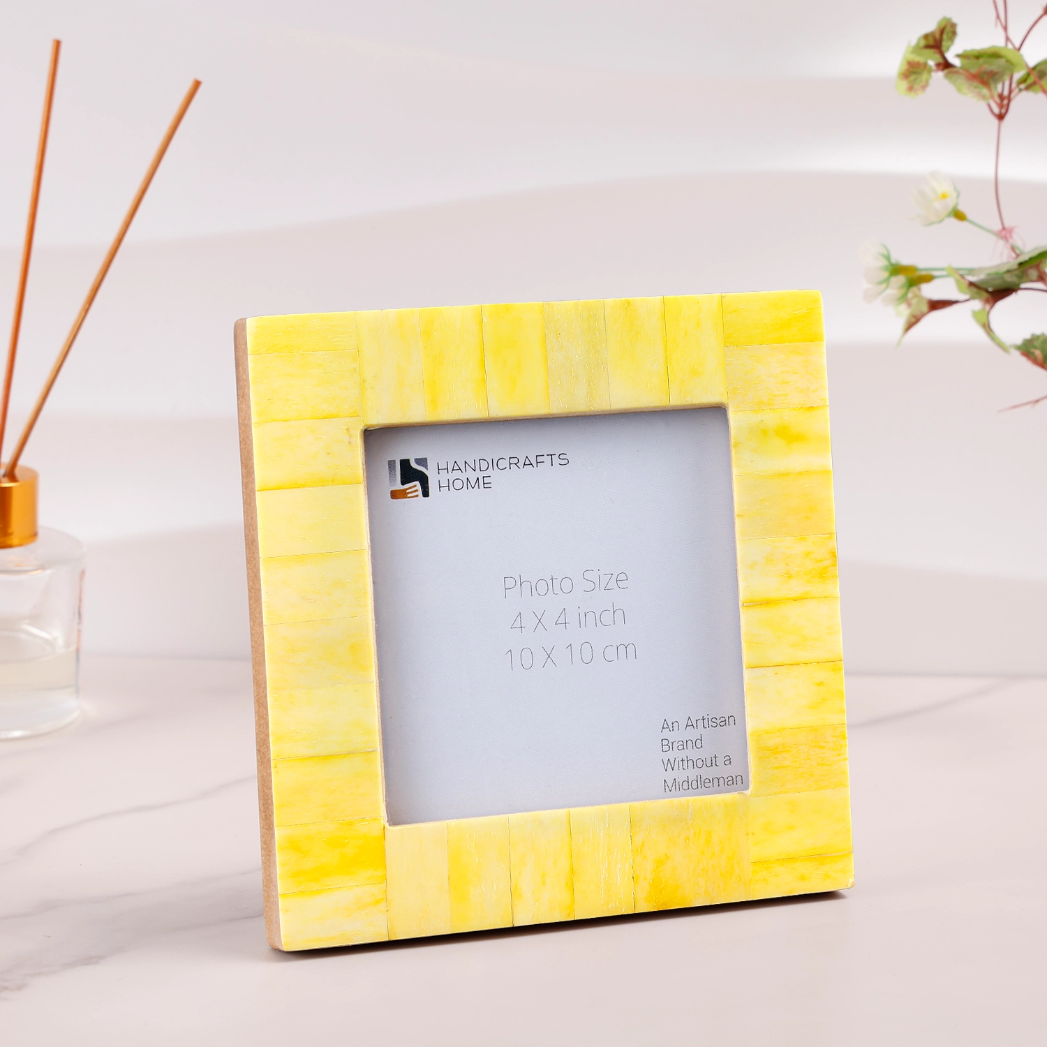 Square Baby Picture Frame Classic Pattern Bone Inlay – Yellow,4x4