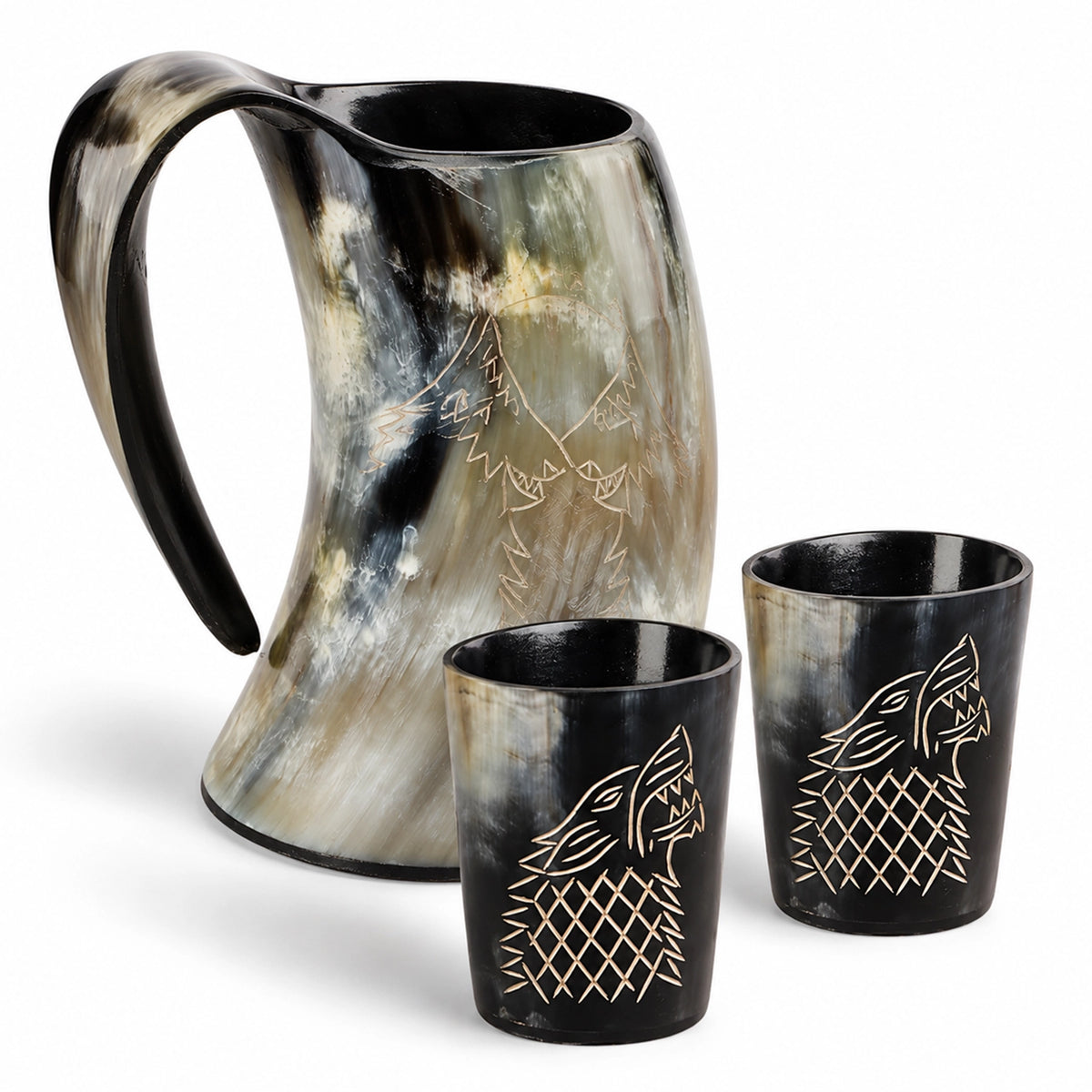 Real Buffalo Drinking Horn Viking Mug & Shot Glass Gift Set