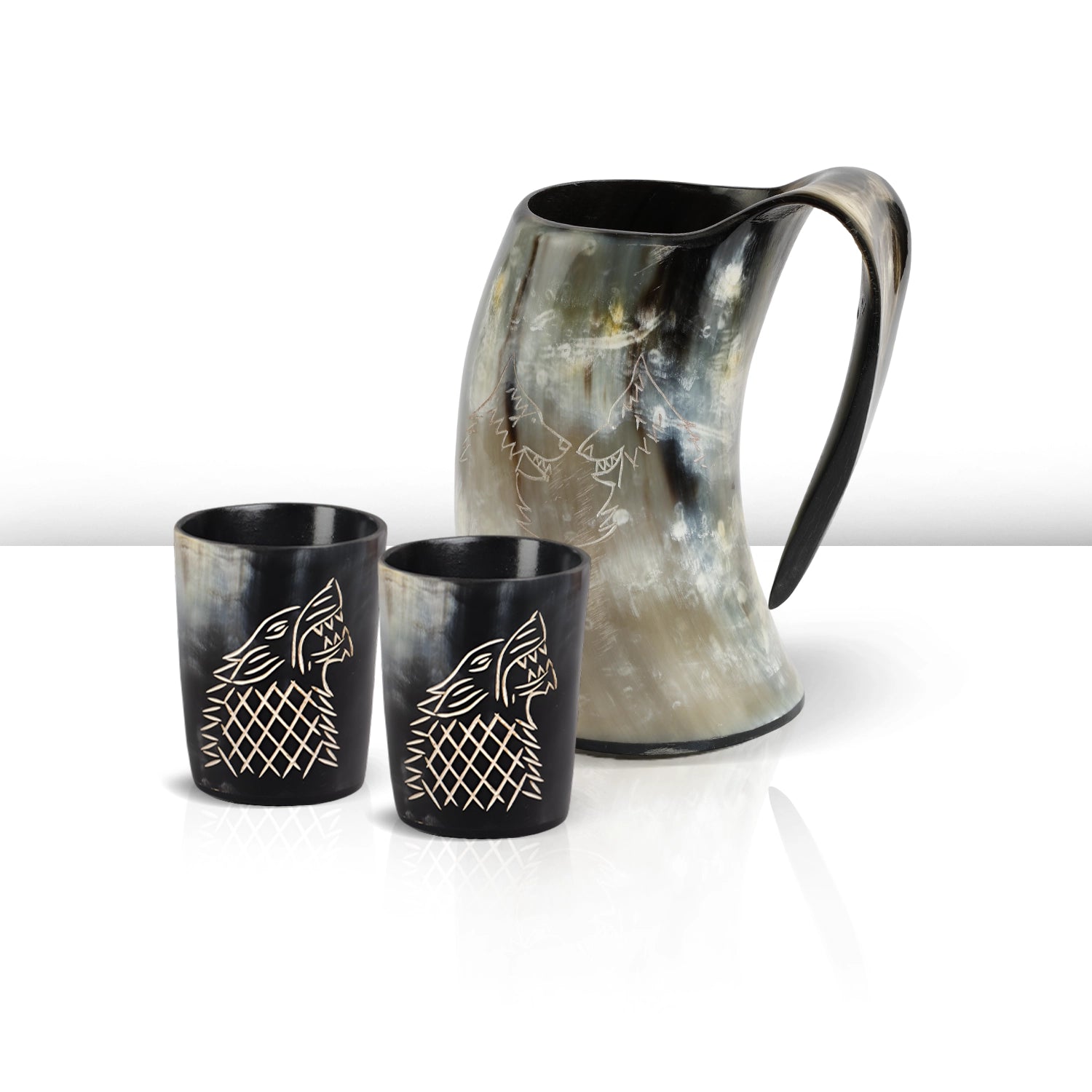 Real Buffalo Drinking Horn Viking Mug & Shot Glass Gift Set