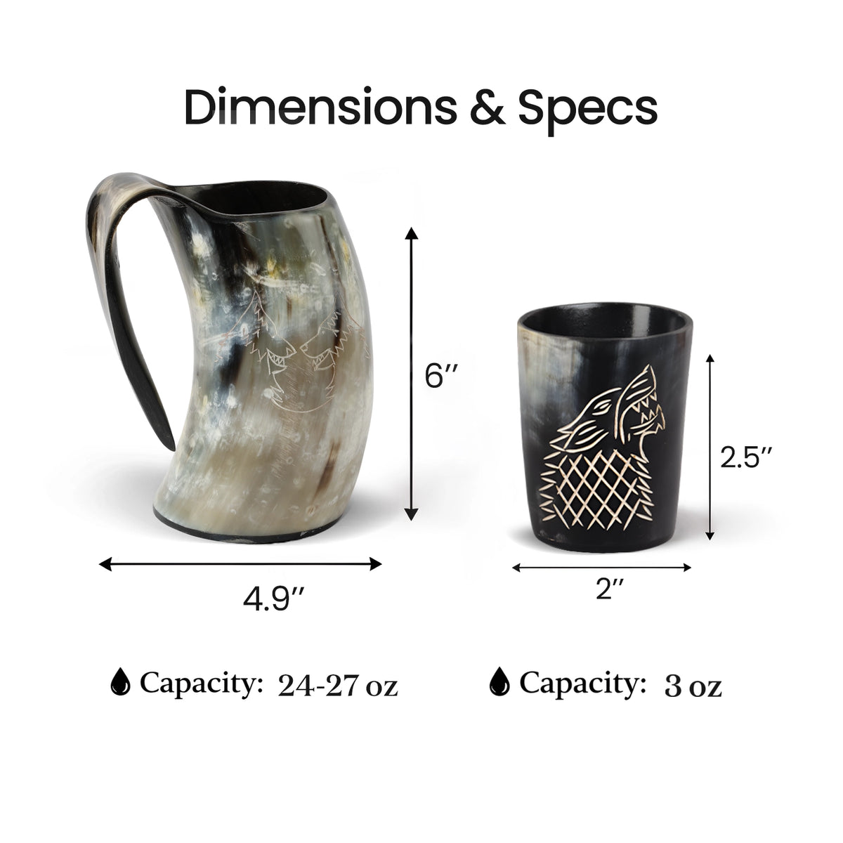 Real Buffalo Drinking Horn Viking Mug & Shot Glass Gift Set