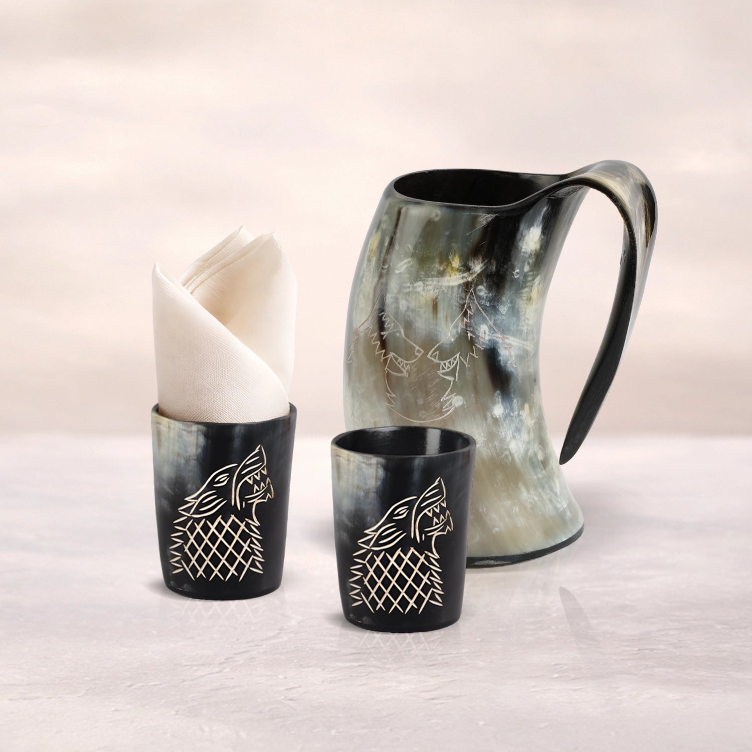 Real Buffalo Drinking Horn Viking Mug & Shot Glass Gift Set