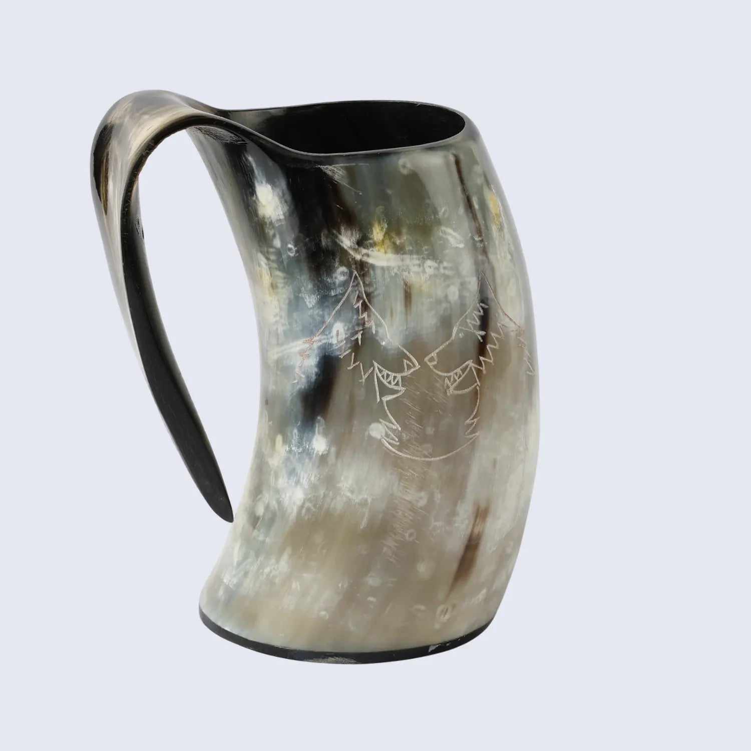 Horn Cup Twin Wolf Carved Ox Horn Drinking Cup Holds Up to 6.5 oz