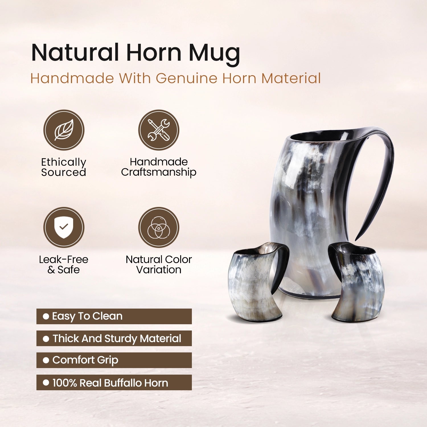 Real Buffalo Horn Viking Mug Set (1 Mug + 2 Mini Mugs)