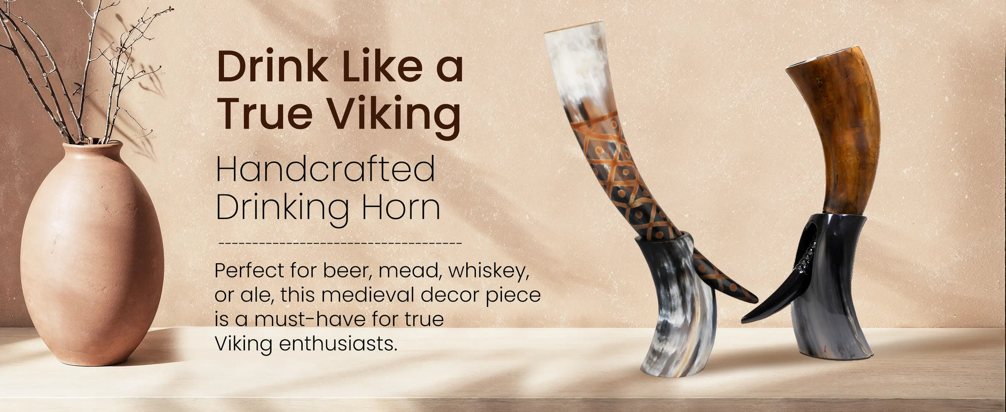 Drinking Horn with Stand - Holds Upto 16 oz, Burnt Craft
