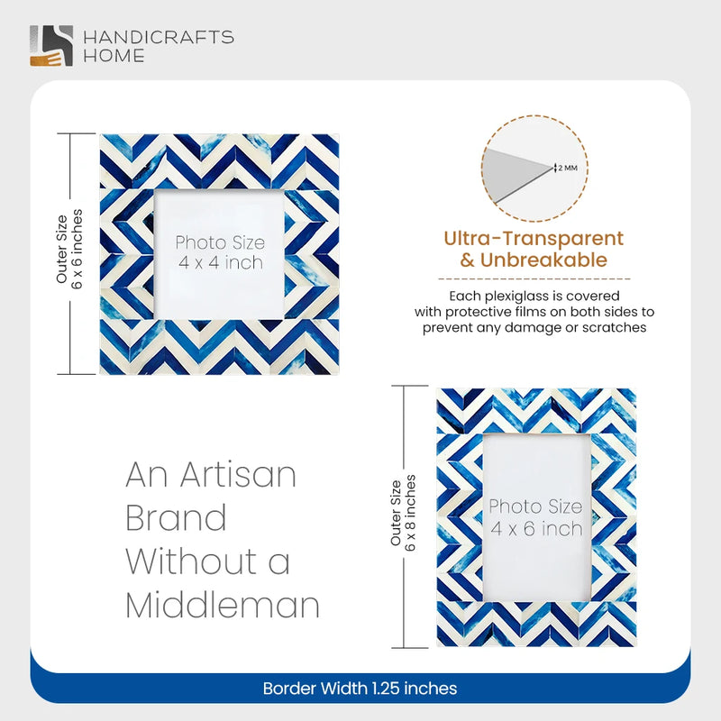 Size Chart for Picture Frames Herringbone Pattern Bone Inlay Collection in 2 Sizes, Blue