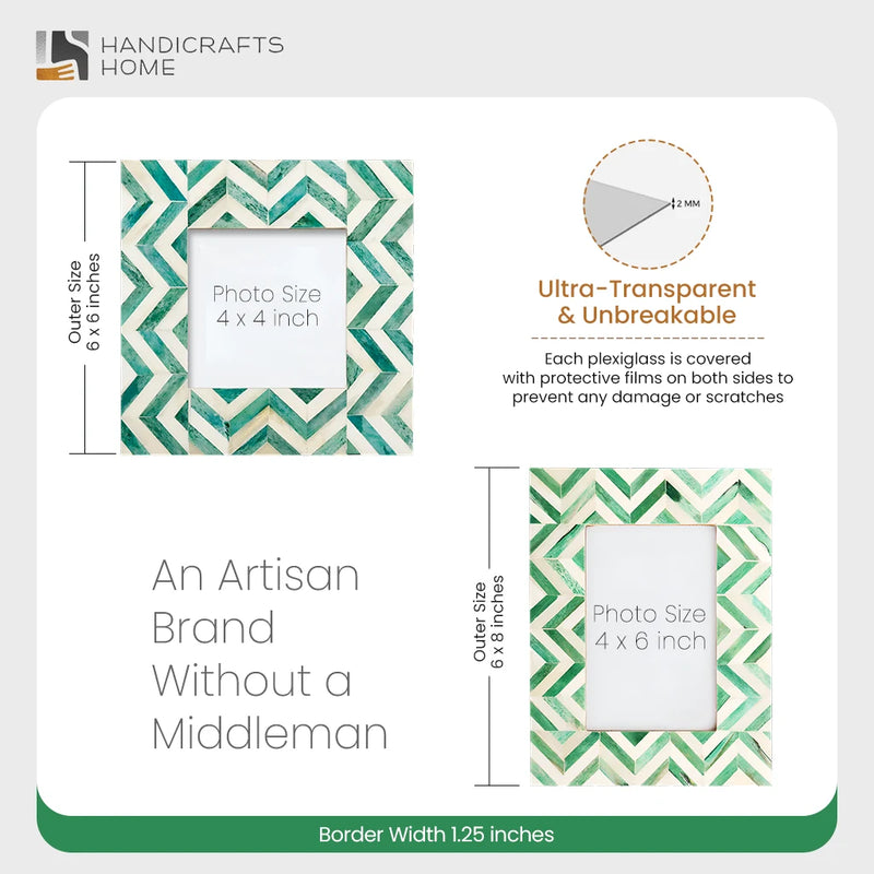 Size Chart for Picture Frames Herringbone Pattern Bone Inlay Collection in 2 Sizes, Green
