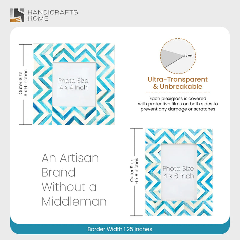 Size Chart for Picture Frames Herringbone Pattern Bone Inlay Collection in 2 Sizes, Turq