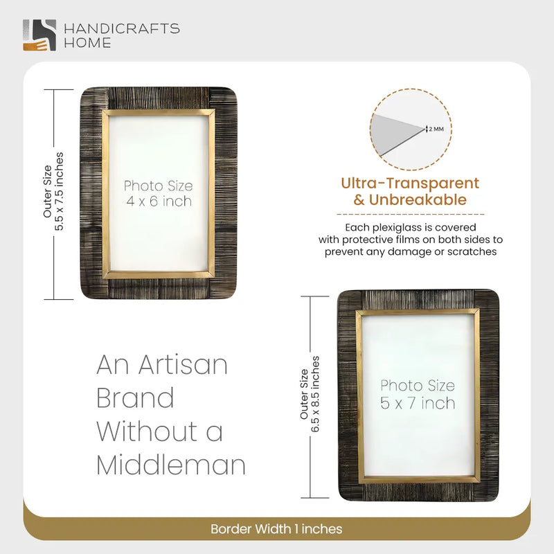 Size Chart for Horn Inlay Shagrin Picture Photo Frames Brown - Rounded Corners, 4x6 5x7