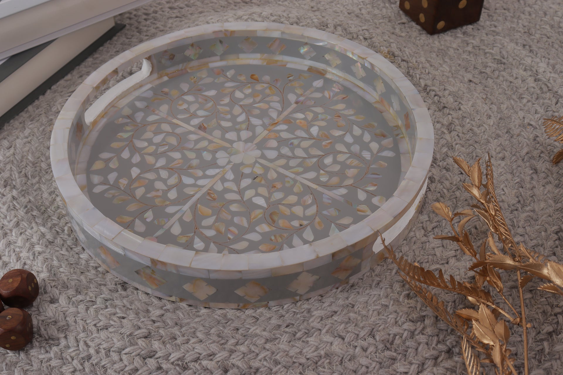 Decorative Tray Alhambra Mother of Pearl & Resin Inlay – Round 12x12”, Grey