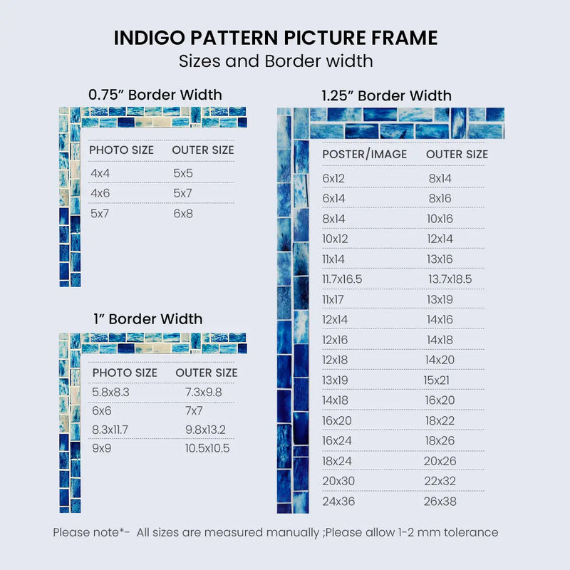 Size Chart for Baby Picture Frames Indigo Pattern Bone Inlay Collection