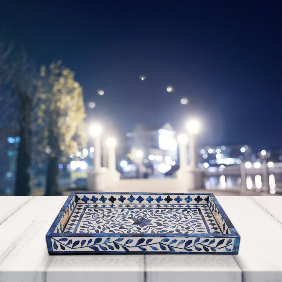 Decorative Tray Alhambra Azul Blue White Bone & Resin Inlay – 11" x 17", 12" x 12"