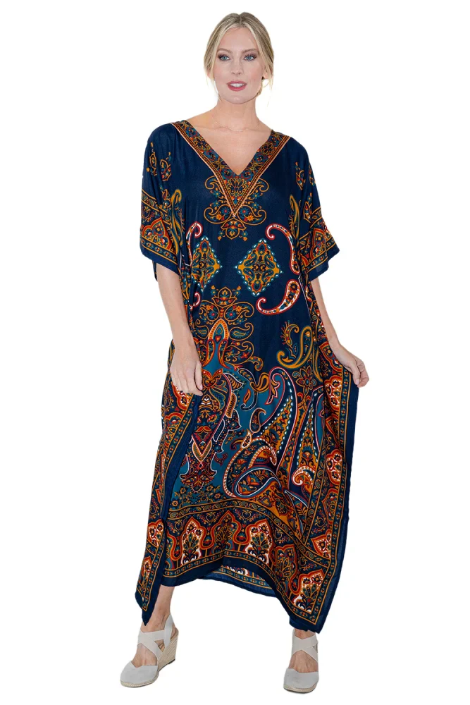 Paisley Floral Print Polyester Kaftan Dress with V Neck & Pockets, 4 Colors