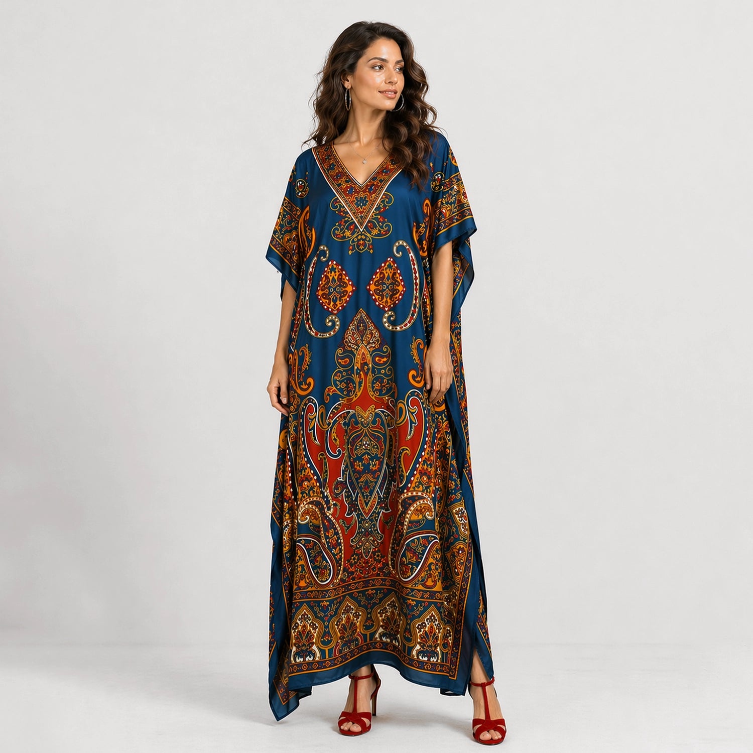 Paisley Floral Print Polyester Kaftan Dress with V Neck & Pockets One Size (Teal)