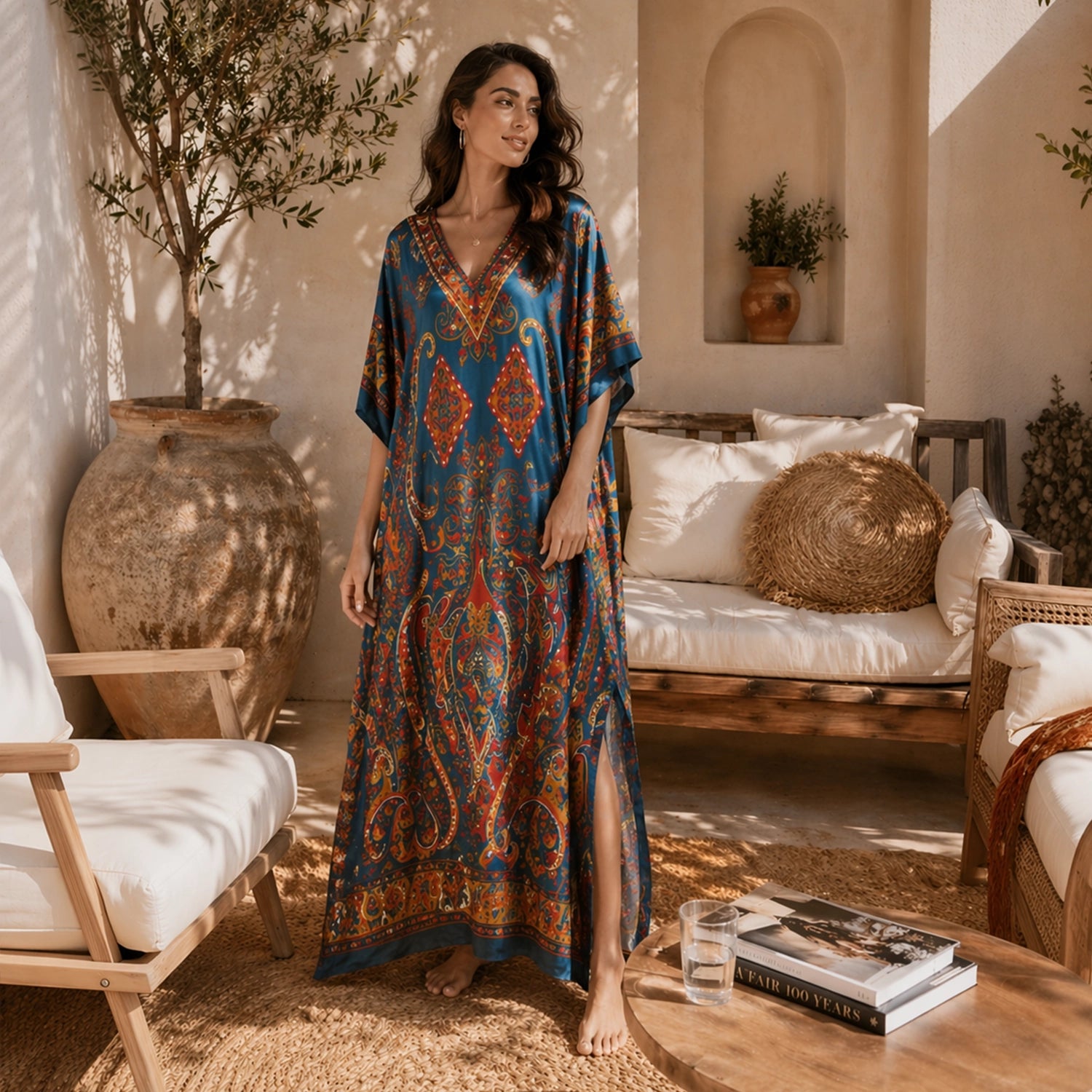Paisley Floral Print Polyester Kaftan Dress with V Neck & Pockets One Size (Teal)