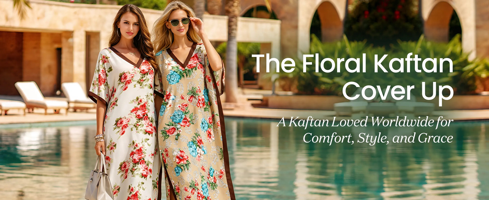 Floral Print Polyester Kaftan Dress with Contrast V Neck & Side Slits