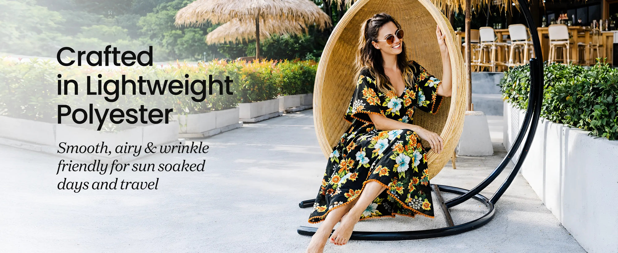 Floral Print Polyester Kaftan Dress with Contrast V Neck & Side Slits