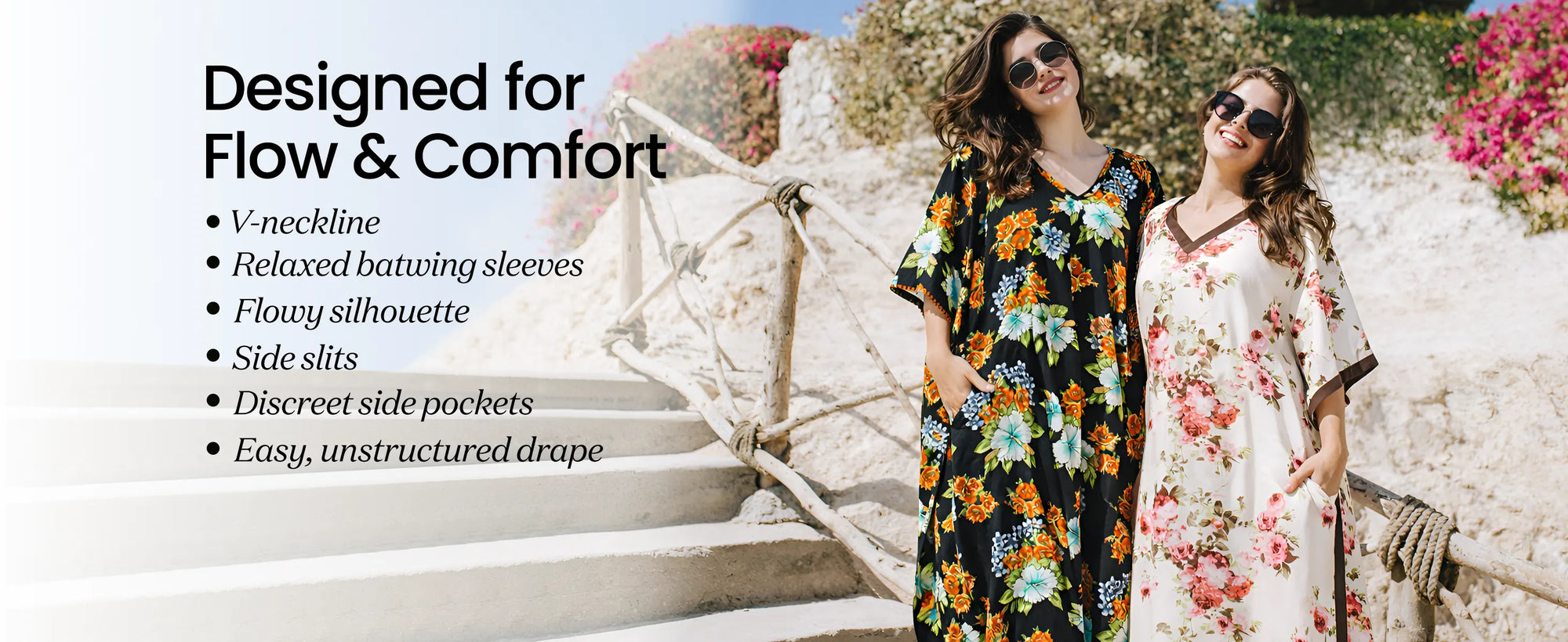 Floral Print Polyester Kaftan Dress with Contrast V Neck & Side Slits