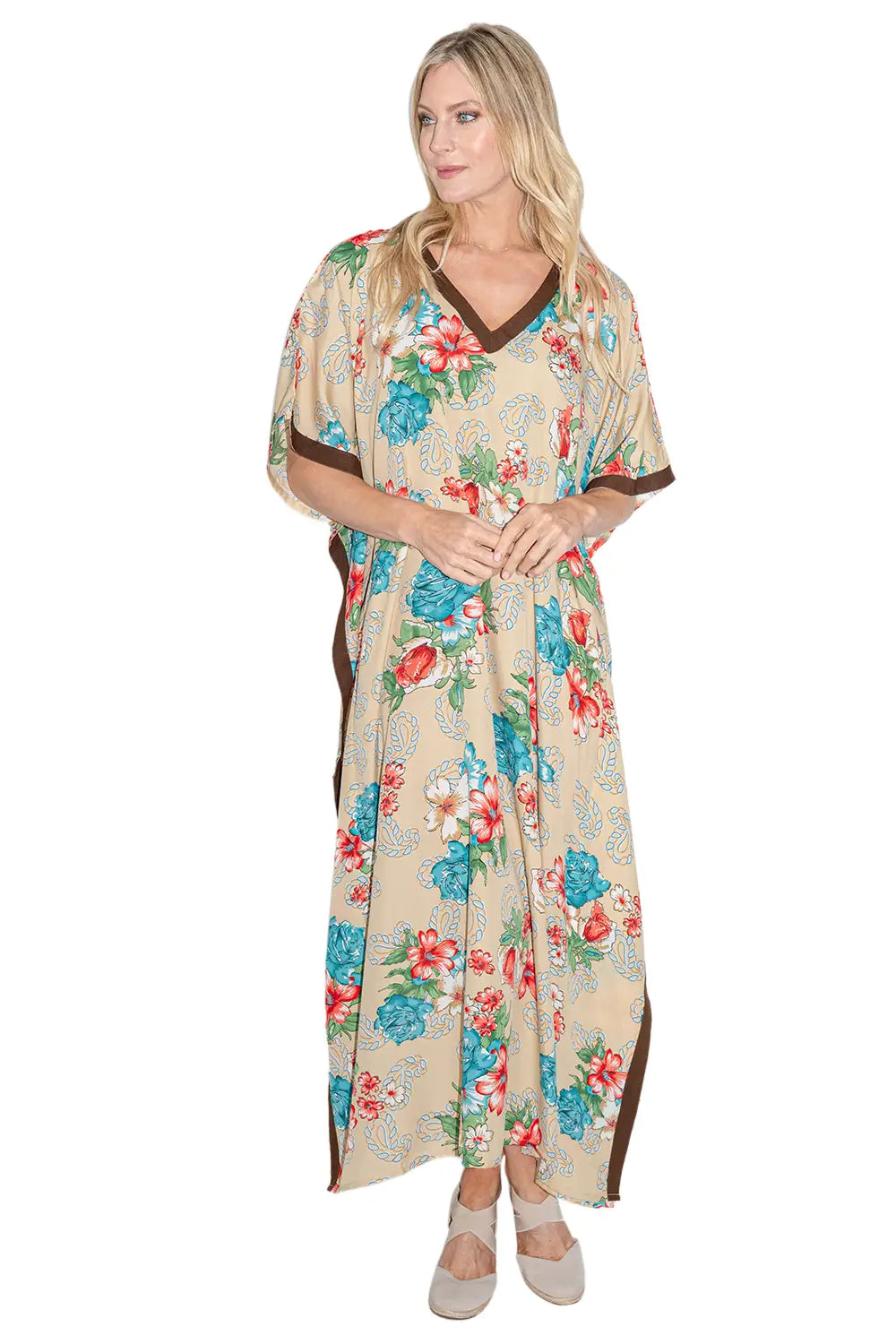 Women Long Kaftans Summer Holiday Caftan Dress Brown S-3XL