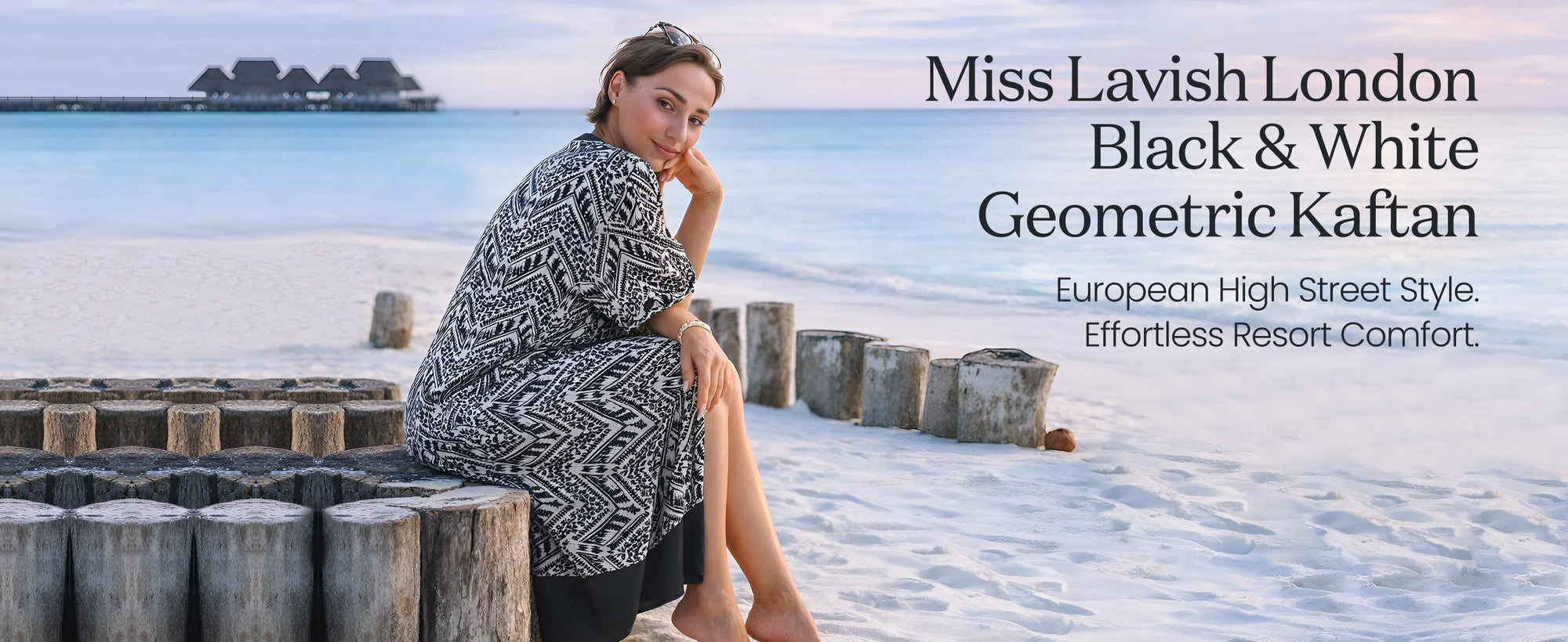 Black & White Geometric Print Polyester Kaftan Dress with Side Slits