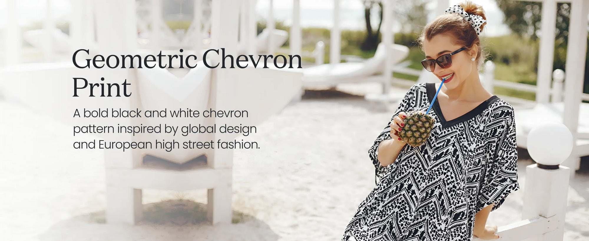 Black & White Geometric Print Polyester Kaftan Dress with Side Slits