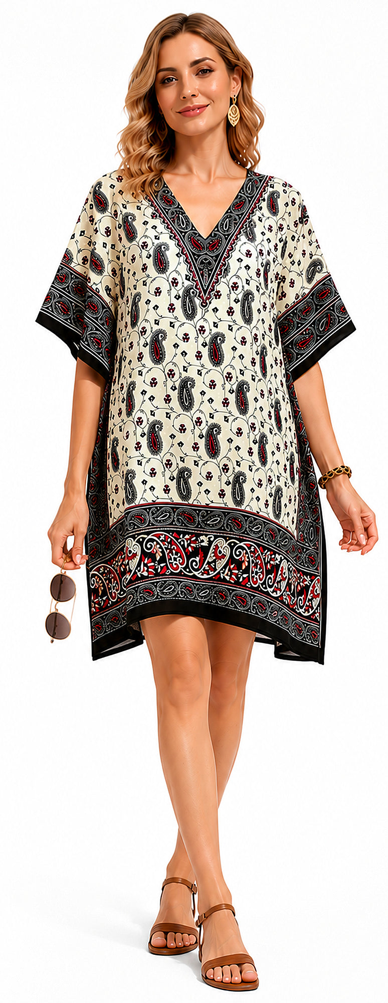 Women’s Short Kaftan Dress – Black Paisley Print | Plus Size Summer Beach Cover-Up, Lounge & Resort Wear