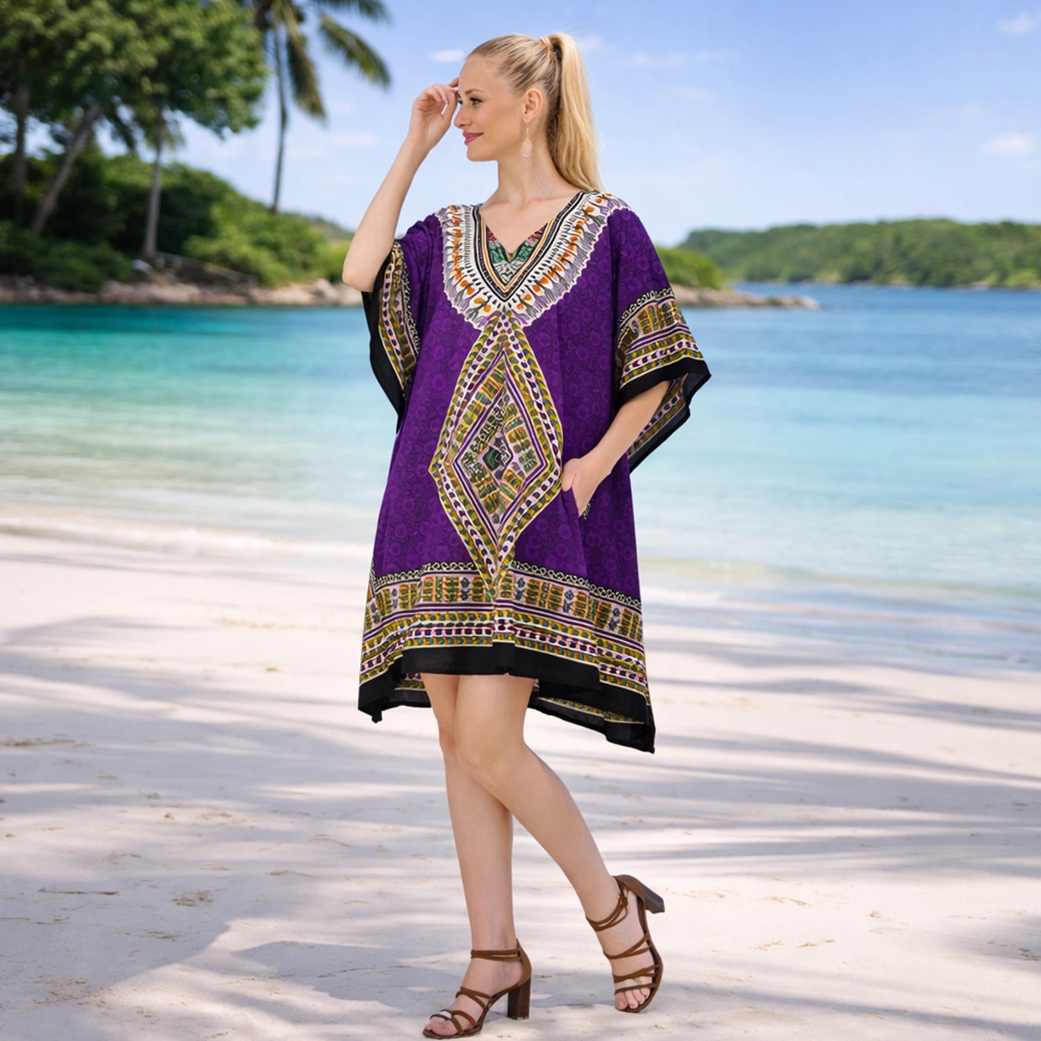 Tribal Geometric Dashiki Print Short Polyester Kaftan Dress with V Neck & Pockets