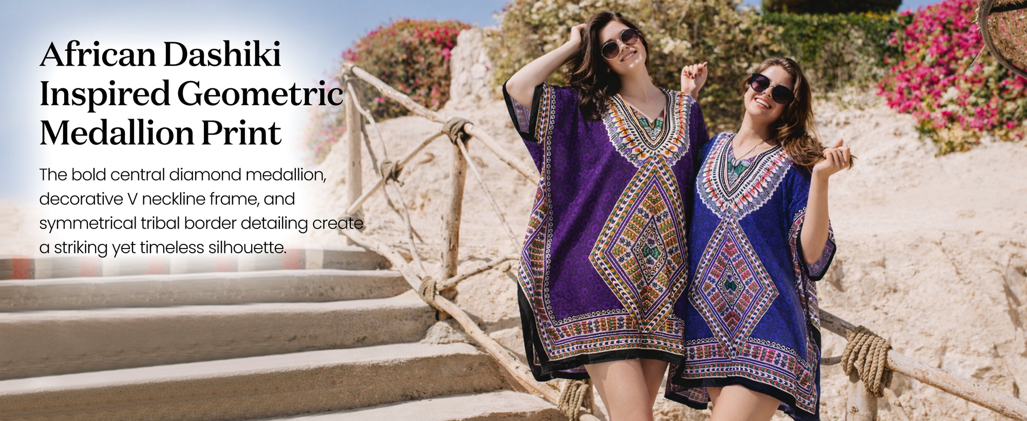Tribal Geometric Dashiki Print Short Polyester Kaftan Dress with V Neck & Pockets