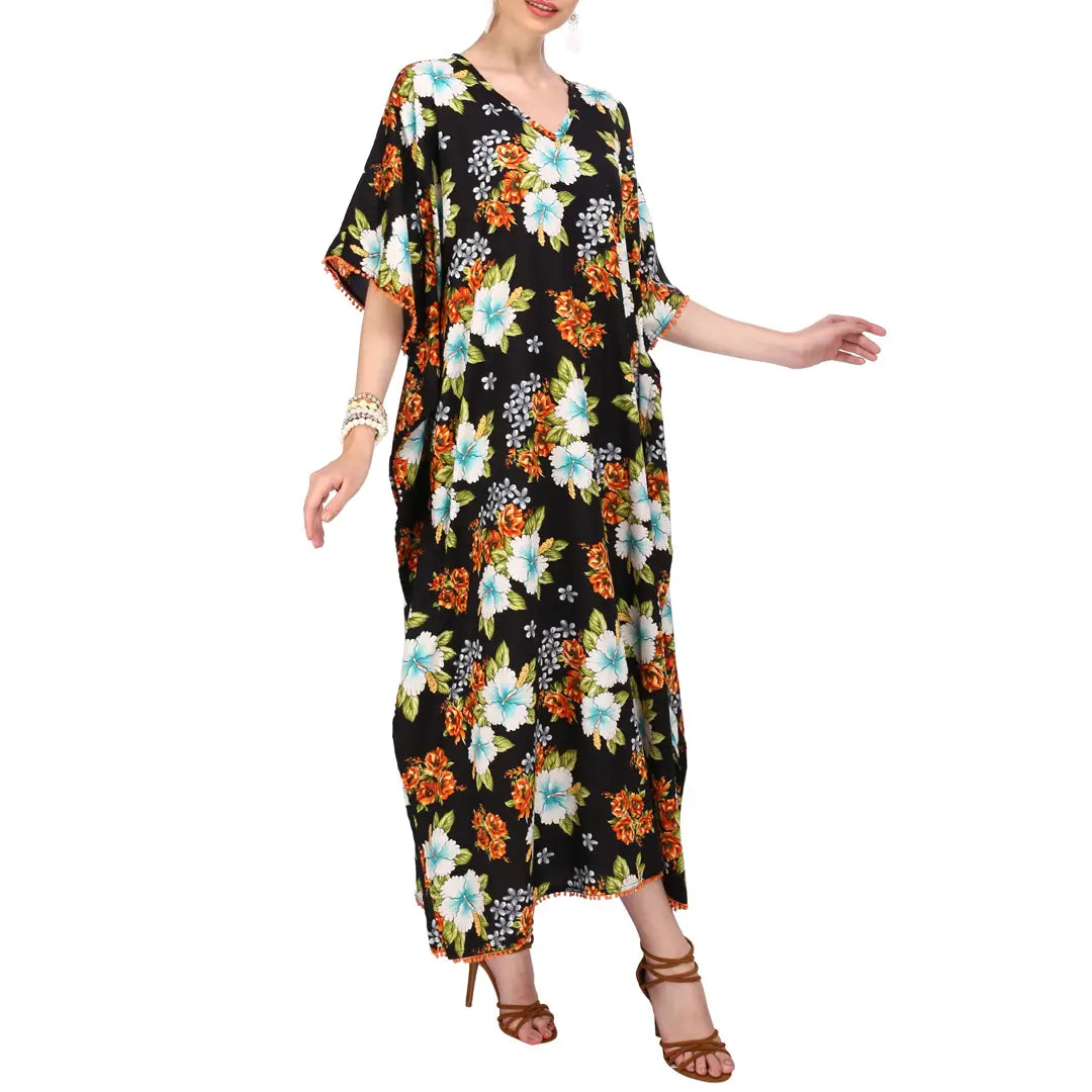 Women Long Kaftans Summer Holiday Caftan Dress Black S-3XL