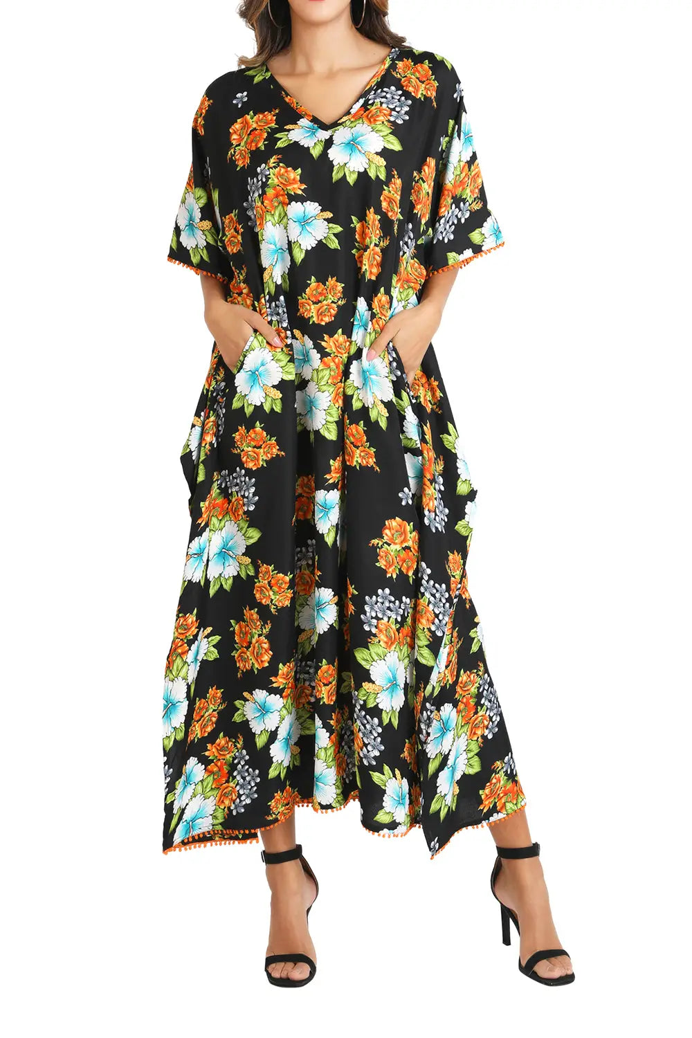 Women Long Kaftans Summer Holiday Caftan Dress Black S-3XL